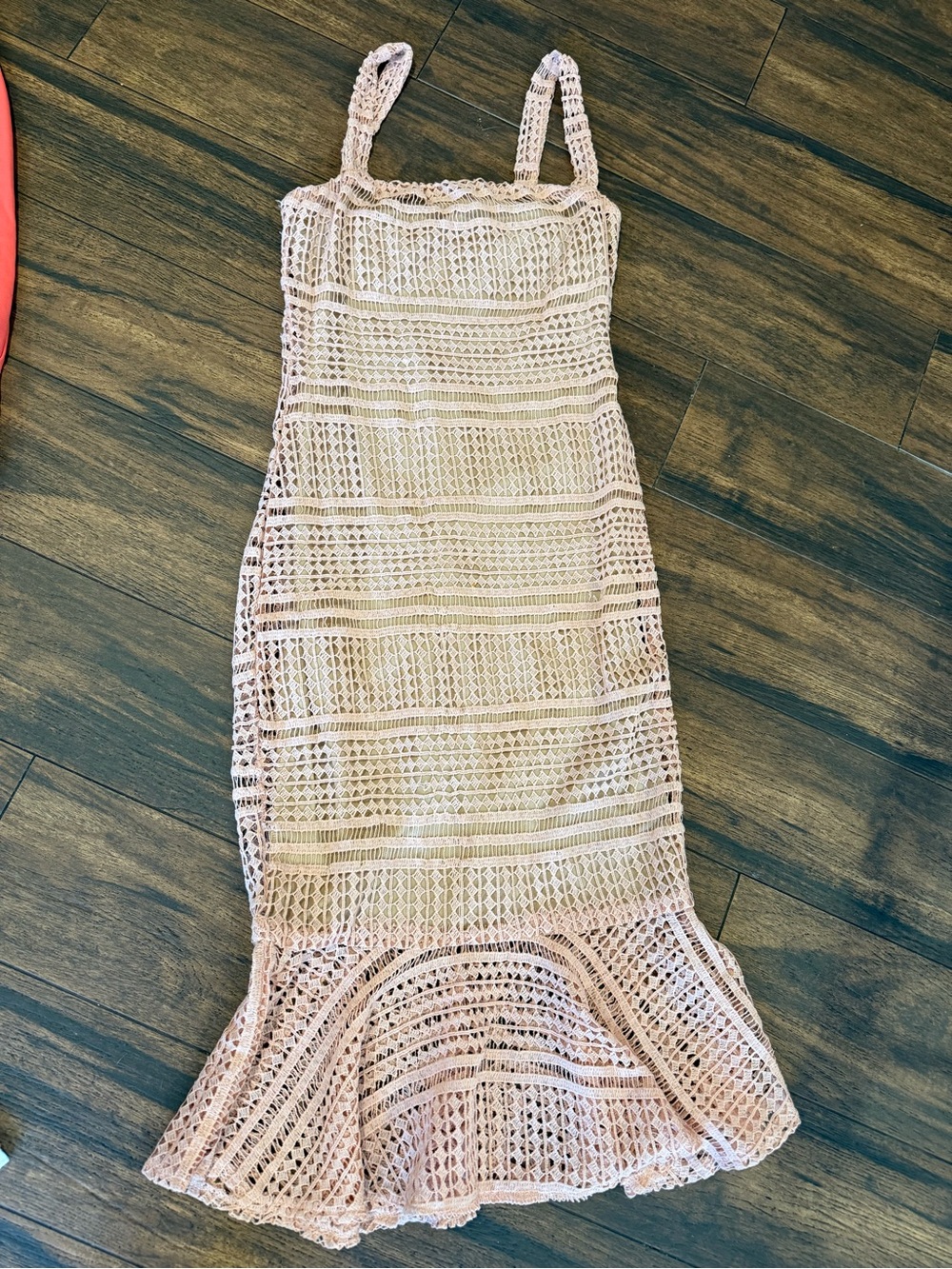Sleeveless Pink Crochet Midi Dress with Flounce Hem
